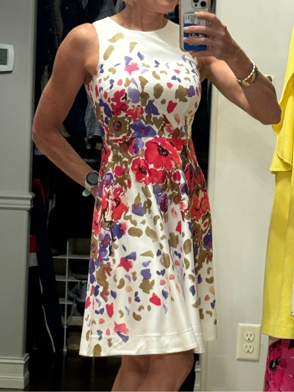 Donna Morgan White Floral Fit-and-Flare Mini Dress with Pink and Purple Blooms